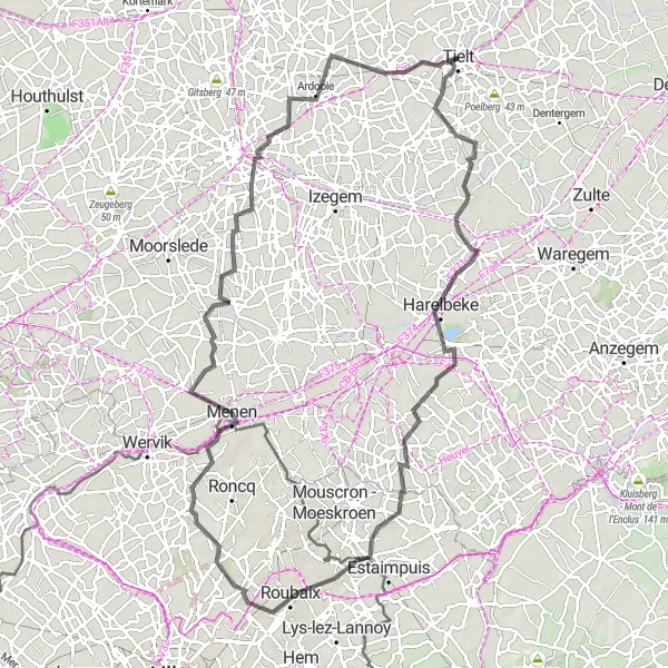 Miniature de la carte de l'inspiration cycliste "Route autour de Tielt et Roubaix" dans la Prov. West-Vlaanderen, Belgium. Générée par le planificateur d'itinéraire cycliste Tarmacs.app