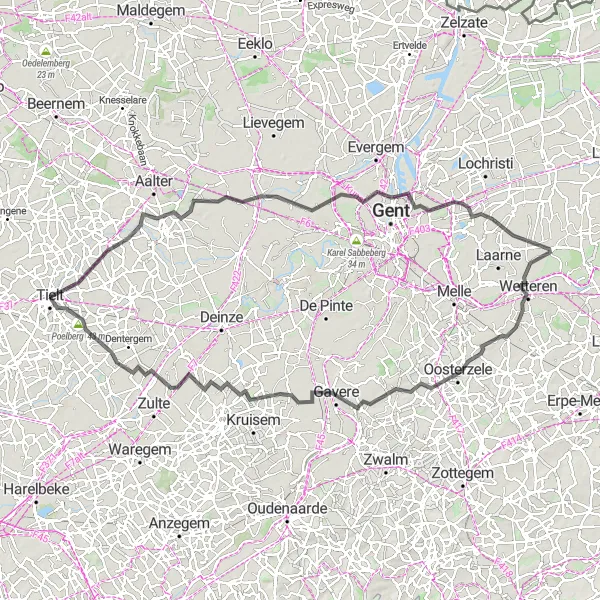 Miniatuurkaart van de fietsinspiratie "Ruiselede - Hansbeke - Sint-Amandsberg - Wetteren - Gavere - Olsene - Poelberg - Ruiselede" in Prov. West-Vlaanderen, Belgium. Gemaakt door de Tarmacs.app fietsrouteplanner