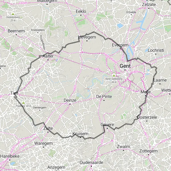 Miniatuurkaart van de fietsinspiratie "Aalter - Evergem - Melle - Zingem - Zulte - Poelberg - Tielt" in Prov. West-Vlaanderen, Belgium. Gemaakt door de Tarmacs.app fietsrouteplanner
