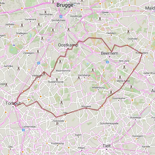 Karten-Miniaturansicht der Radinspiration "Entspannte Gravel-Tour durch Wingene" in Prov. West-Vlaanderen, Belgium. Erstellt vom Tarmacs.app-Routenplaner für Radtouren