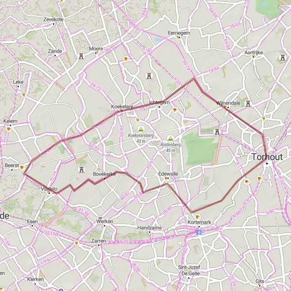 Map miniature of "Through the Idyllic Towns of West-Vlaanderen" cycling inspiration in Prov. West-Vlaanderen, Belgium. Generated by Tarmacs.app cycling route planner