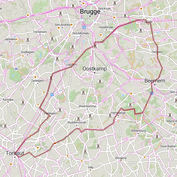 Miniatuurkaart van de fietsinspiratie "Gravelroute door het groene West-Vlaanderen" in Prov. West-Vlaanderen, Belgium. Gemaakt door de Tarmacs.app fietsrouteplanner