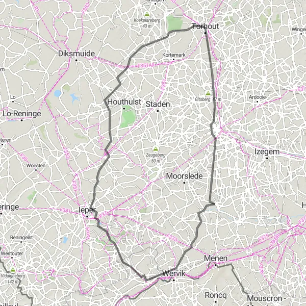Miniature de la carte de l'inspiration cycliste "Le Tour des Batailles de Flandre" dans la Prov. West-Vlaanderen, Belgium. Générée par le planificateur d'itinéraire cycliste Tarmacs.app