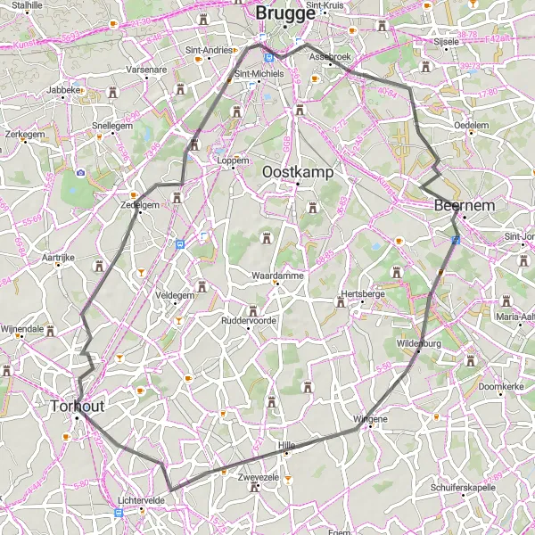 Map miniature of "Road Cycling Tour through Bruges and Zwevezele" cycling inspiration in Prov. West-Vlaanderen, Belgium. Generated by Tarmacs.app cycling route planner