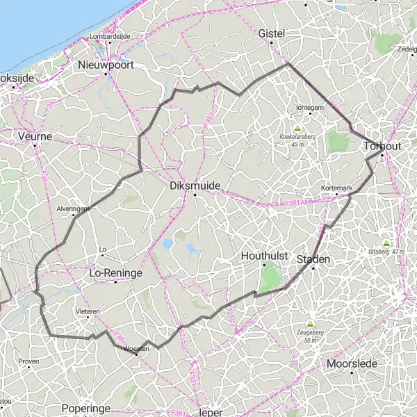 Karten-Miniaturansicht der Radinspiration "Radroute durch Westflandern" in Prov. West-Vlaanderen, Belgium. Erstellt vom Tarmacs.app-Routenplaner für Radtouren