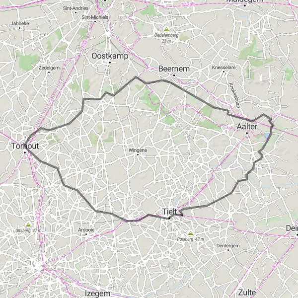 Karten-Miniaturansicht der Radinspiration "Die Runde von Torhout nach Tielt" in Prov. West-Vlaanderen, Belgium. Erstellt vom Tarmacs.app-Routenplaner für Radtouren