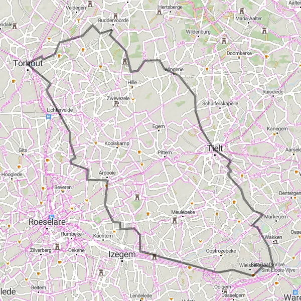 Miniature de la carte de l'inspiration cycliste "Ruddervoorde to Ardooie Loop" dans la Prov. West-Vlaanderen, Belgium. Générée par le planificateur d'itinéraire cycliste Tarmacs.app