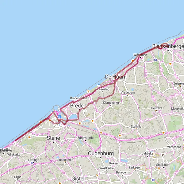 Map miniature of "Gravel Cycling Route - Blankenberge, Vuurtoren/uitkijktoren, Venetiaanse Gaanderijen" cycling inspiration in Prov. West-Vlaanderen, Belgium. Generated by Tarmacs.app cycling route planner