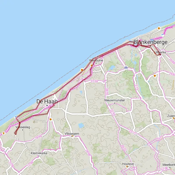 Map miniature of "Uitkerke - Wenduine Gravel Loop" cycling inspiration in Prov. West-Vlaanderen, Belgium. Generated by Tarmacs.app cycling route planner