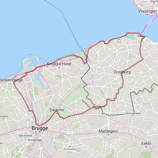 Map miniature of "Gravel Cycling Route - Heist-aan-Zee, Cadzand-Bad, Damme" cycling inspiration in Prov. West-Vlaanderen, Belgium. Generated by Tarmacs.app cycling route planner