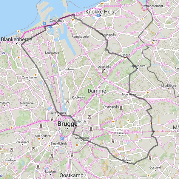 Miniatuurkaart van de fietsinspiratie "Historische route door West-Vlaanderen" in Prov. West-Vlaanderen, Belgium. Gemaakt door de Tarmacs.app fietsrouteplanner