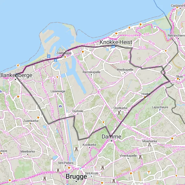 Map miniature of "Zeebrugge - Damme Loop" cycling inspiration in Prov. West-Vlaanderen, Belgium. Generated by Tarmacs.app cycling route planner