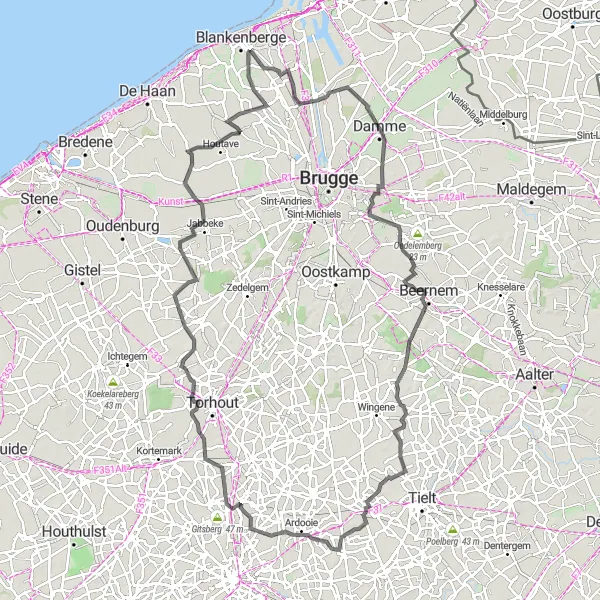 Map miniature of "Road Cycling Route - Damme, Wildenburg, Pittem" cycling inspiration in Prov. West-Vlaanderen, Belgium. Generated by Tarmacs.app cycling route planner