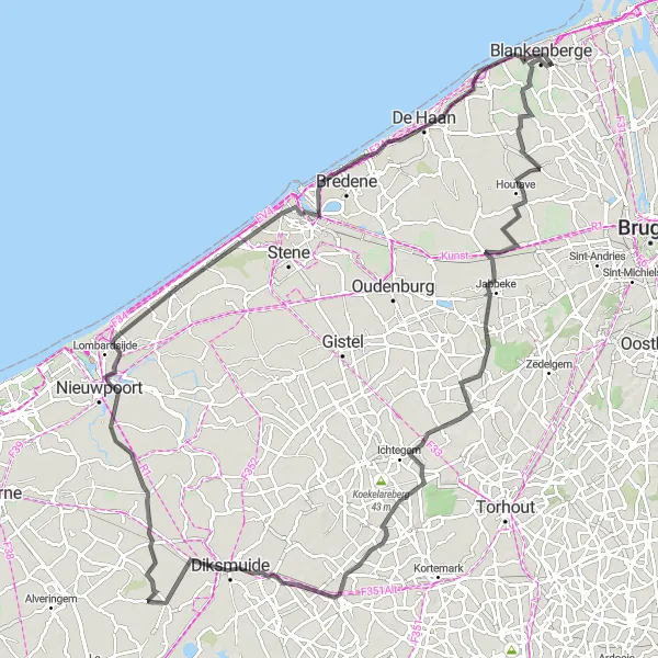 Map miniature of "Coastal Road Adventure" cycling inspiration in Prov. West-Vlaanderen, Belgium. Generated by Tarmacs.app cycling route planner