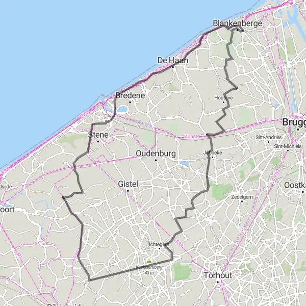 Karten-Miniaturansicht der Radinspiration "Von Uitkerke nach Spioenkop" in Prov. West-Vlaanderen, Belgium. Erstellt vom Tarmacs.app-Routenplaner für Radtouren