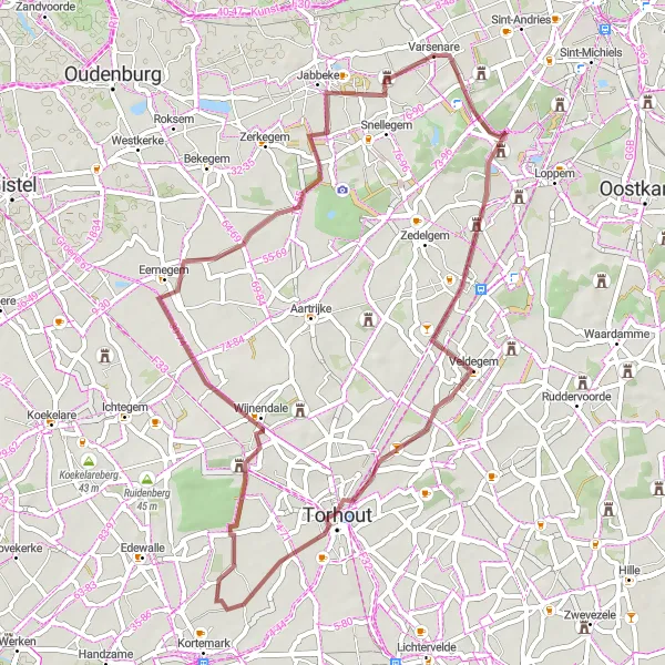 Miniatuurkaart van de fietsinspiratie "Gravelroute Varsenare - Kasteel van Snellegem" in Prov. West-Vlaanderen, Belgium. Gemaakt door de Tarmacs.app fietsrouteplanner