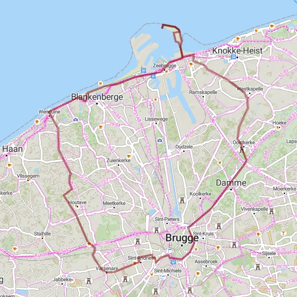 Map miniature of "Gravel Route via Coastal Towns" cycling inspiration in Prov. West-Vlaanderen, Belgium. Generated by Tarmacs.app cycling route planner