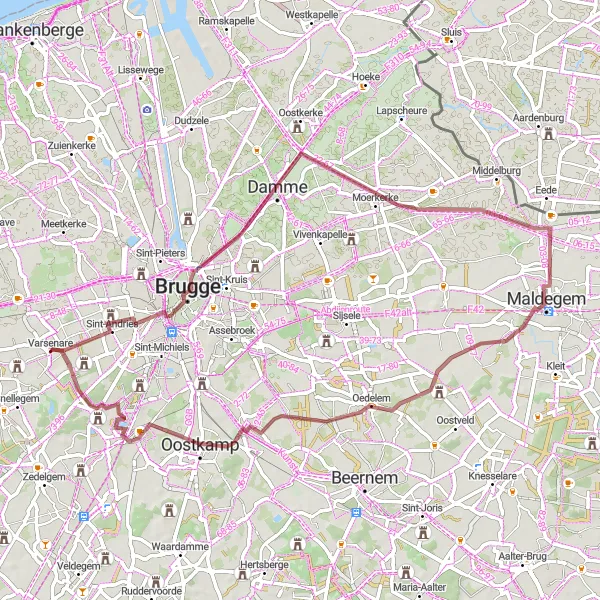 Map miniature of "Damme and Tudor Castle Gravel Loop" cycling inspiration in Prov. West-Vlaanderen, Belgium. Generated by Tarmacs.app cycling route planner