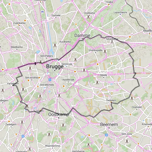 Miniature de la carte de l'inspiration cycliste "La Boucle des Étoiles" dans la Prov. West-Vlaanderen, Belgium. Générée par le planificateur d'itinéraire cycliste Tarmacs.app