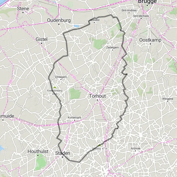Miniature de la carte de l'inspiration cycliste "Parcours routier de Varsenare à Jabbeke" dans la Prov. West-Vlaanderen, Belgium. Générée par le planificateur d'itinéraire cycliste Tarmacs.app