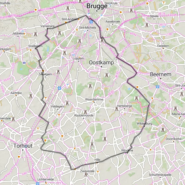 Map miniature of "The Charming Route" cycling inspiration in Prov. West-Vlaanderen, Belgium. Generated by Tarmacs.app cycling route planner