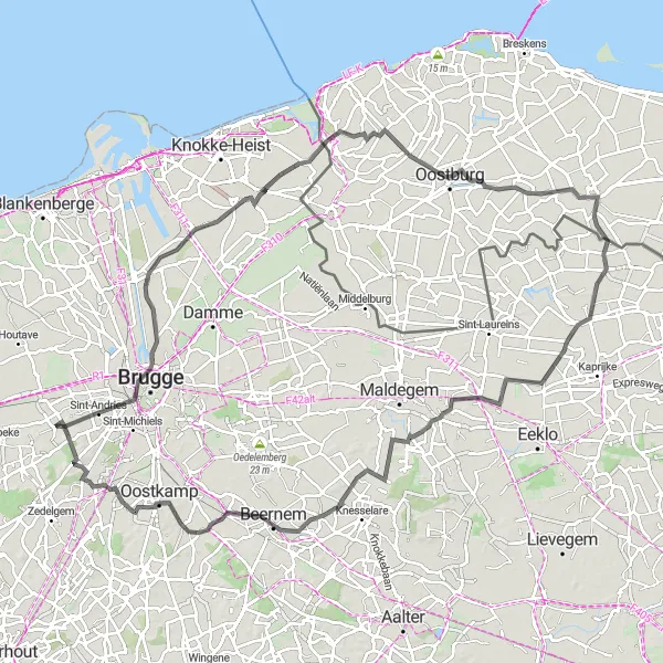 Map miniature of "The Coastal Adventure" cycling inspiration in Prov. West-Vlaanderen, Belgium. Generated by Tarmacs.app cycling route planner
