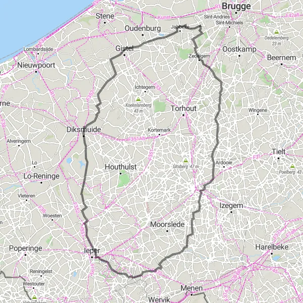 Map miniature of "The Historic Tour" cycling inspiration in Prov. West-Vlaanderen, Belgium. Generated by Tarmacs.app cycling route planner