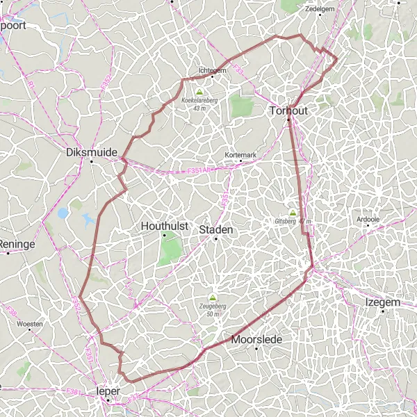 Map miniature of "Gravel Adventure of Torhout and Beyond" cycling inspiration in Prov. West-Vlaanderen, Belgium. Generated by Tarmacs.app cycling route planner