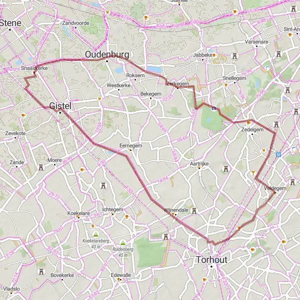 Miniature de la carte de l'inspiration cycliste "Escapade autour de Zerkegem" dans la Prov. West-Vlaanderen, Belgium. Générée par le planificateur d'itinéraire cycliste Tarmacs.app