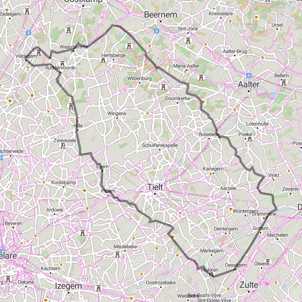 Karten-Miniaturansicht der Radinspiration "Rund um Veldegem" in Prov. West-Vlaanderen, Belgium. Erstellt vom Tarmacs.app-Routenplaner für Radtouren