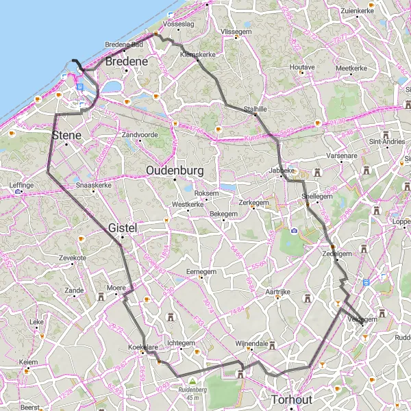 Miniatuurkaart van de fietsinspiratie "Fietsroute Kasteel van Wijnendale - Zedelgem" in Prov. West-Vlaanderen, Belgium. Gemaakt door de Tarmacs.app fietsrouteplanner