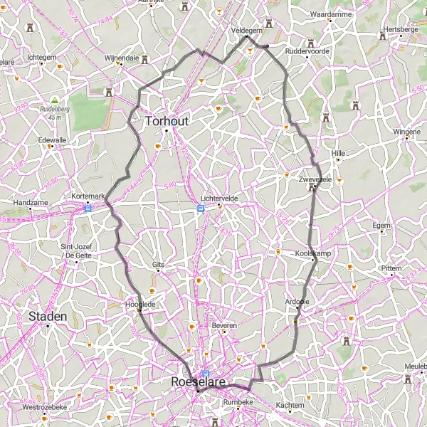 Miniature de la carte de l'inspiration cycliste "La Route des Villages et des Paysages" dans la Prov. West-Vlaanderen, Belgium. Générée par le planificateur d'itinéraire cycliste Tarmacs.app