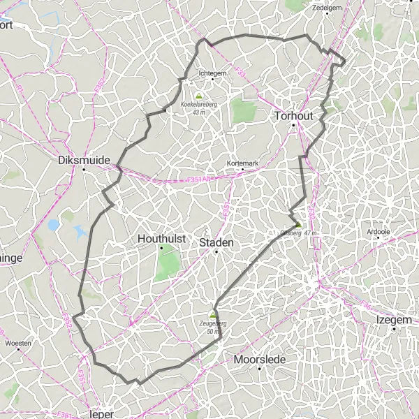 Map miniature of "Gits and Beyond Road Cycling Route" cycling inspiration in Prov. West-Vlaanderen, Belgium. Generated by Tarmacs.app cycling route planner