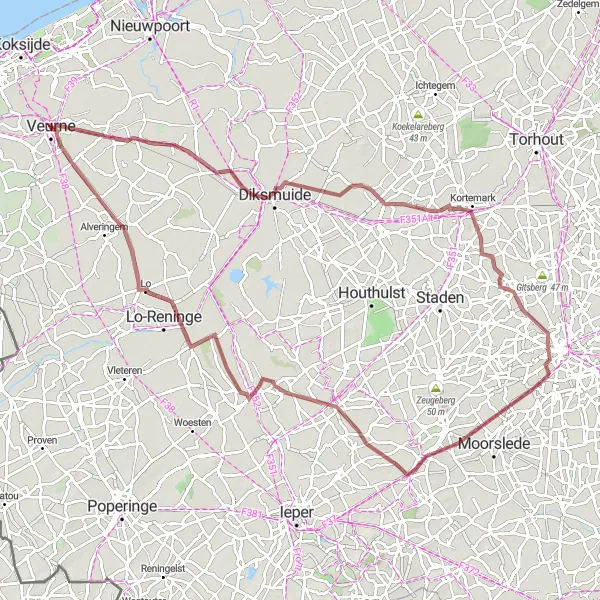 Karten-Miniaturansicht der Radinspiration "Gravelroute durch Hügel und Felder" in Prov. West-Vlaanderen, Belgium. Erstellt vom Tarmacs.app-Routenplaner für Radtouren