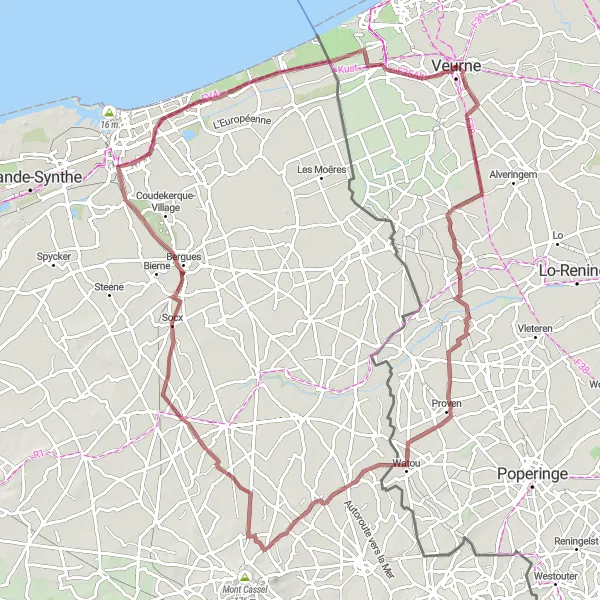 Map miniature of "Gravel Adventure to Esquelbecq" cycling inspiration in Prov. West-Vlaanderen, Belgium. Generated by Tarmacs.app cycling route planner