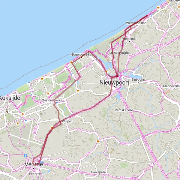 Miniature de la carte de l'inspiration cycliste "Exploration des Chemins de Gravel Côtiers" dans la Prov. West-Vlaanderen, Belgium. Générée par le planificateur d'itinéraire cycliste Tarmacs.app