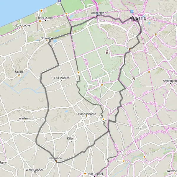 Miniatuurkaart van de fietsinspiratie "Fietstocht van Veurne naar Adinkerke" in Prov. West-Vlaanderen, Belgium. Gemaakt door de Tarmacs.app fietsrouteplanner