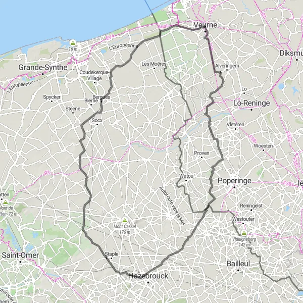 Miniatuurkaart van de fietsinspiratie "Uitdagende fietsroute langs historische sites" in Prov. West-Vlaanderen, Belgium. Gemaakt door de Tarmacs.app fietsrouteplanner