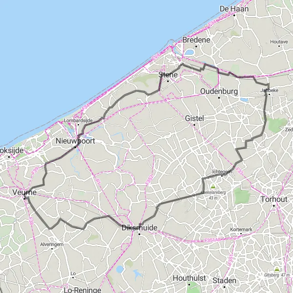 Map miniature of "Rural Cycling Experience from Veurne" cycling inspiration in Prov. West-Vlaanderen, Belgium. Generated by Tarmacs.app cycling route planner
