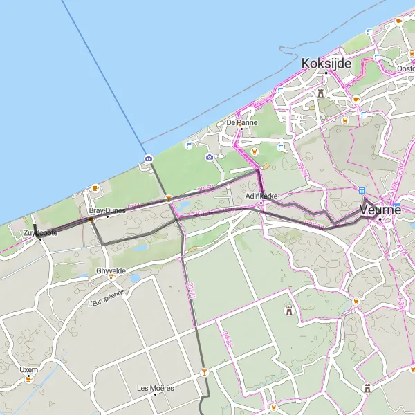 Map miniature of "Scenic Ride to Zuydcoote" cycling inspiration in Prov. West-Vlaanderen, Belgium. Generated by Tarmacs.app cycling route planner