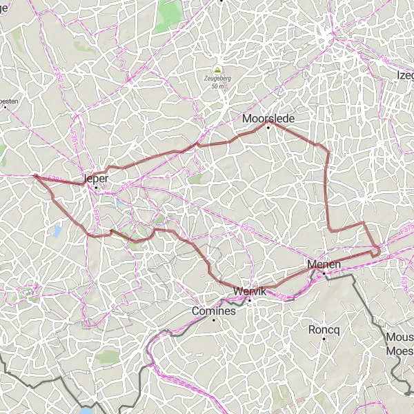 Karten-Miniaturansicht der Radinspiration "Rundfahrt von Vlamertinge nach Bois de Boulogne" in Prov. West-Vlaanderen, Belgium. Erstellt vom Tarmacs.app-Routenplaner für Radtouren
