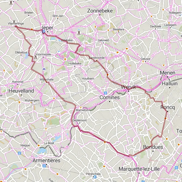 Map miniature of "Zillebeke Gravel" cycling inspiration in Prov. West-Vlaanderen, Belgium. Generated by Tarmacs.app cycling route planner