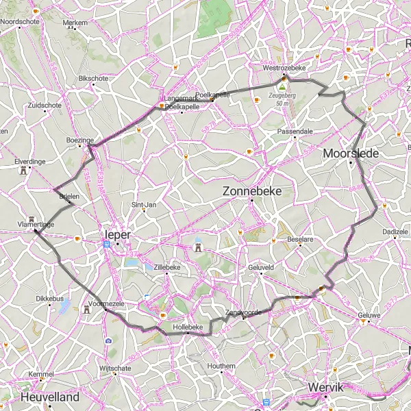 Miniatuurkaart van de fietsinspiratie "Fietsroute vanuit Vlamertinge naar Westrozebeke en Zandvoorde" in Prov. West-Vlaanderen, Belgium. Gemaakt door de Tarmacs.app fietsrouteplanner