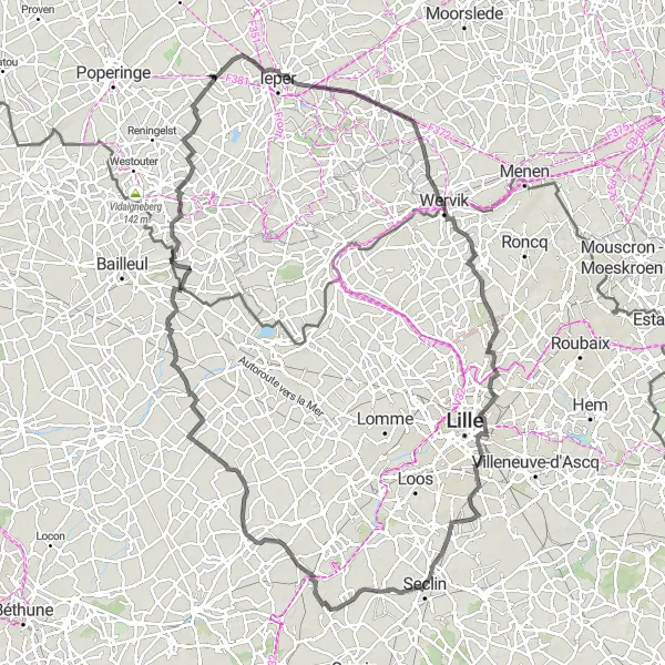 Miniatuurkaart van de fietsinspiratie "Uitdagende route door het heuvelachtige landschap" in Prov. West-Vlaanderen, Belgium. Gemaakt door de Tarmacs.app fietsrouteplanner