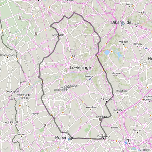 Miniature de la carte de l'inspiration cycliste "Escapade Champêtre de Vlamertinge" dans la Prov. West-Vlaanderen, Belgium. Générée par le planificateur d'itinéraire cycliste Tarmacs.app