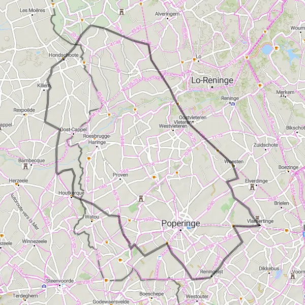 Miniatuurkaart van de fietsinspiratie "Historische Westhoek route" in Prov. West-Vlaanderen, Belgium. Gemaakt door de Tarmacs.app fietsrouteplanner