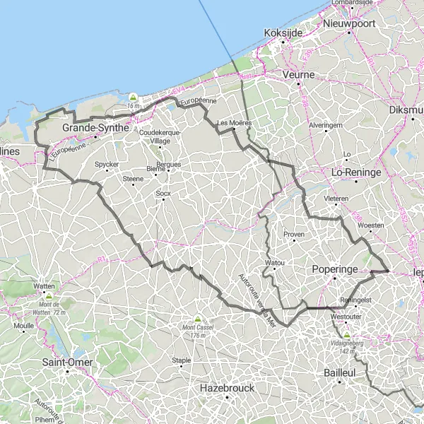 Map miniature of "Challenging road cycling route from Vlamertinge" cycling inspiration in Prov. West-Vlaanderen, Belgium. Generated by Tarmacs.app cycling route planner