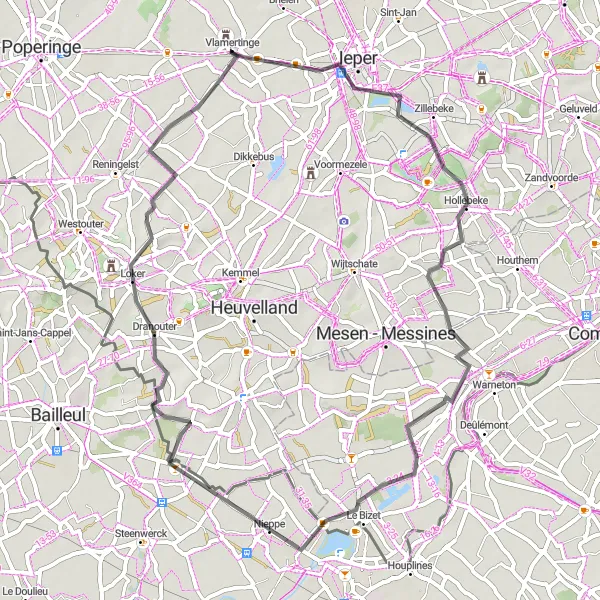 Map miniature of "Countryside road route from Vlamertinge" cycling inspiration in Prov. West-Vlaanderen, Belgium. Generated by Tarmacs.app cycling route planner