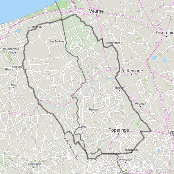 Map miniature of "Reninghelst Road" cycling inspiration in Prov. West-Vlaanderen, Belgium. Generated by Tarmacs.app cycling route planner