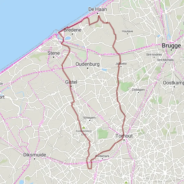 Map miniature of "Aartrijke - Oudenburg Gravel Challenge" cycling inspiration in Prov. West-Vlaanderen, Belgium. Generated by Tarmacs.app cycling route planner